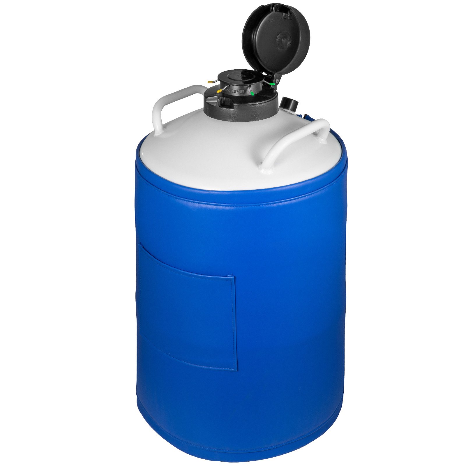VEVOR liquid nitrogen tank with blue protective cover and open lid.
