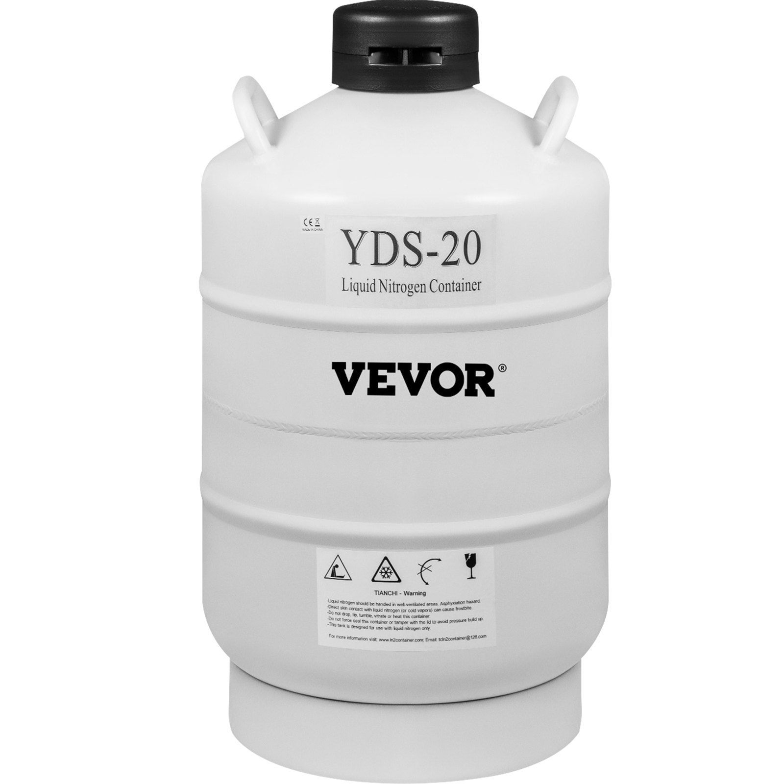 VEVOR liquid nitrogen tank with yds-20 label and safety warnings.
