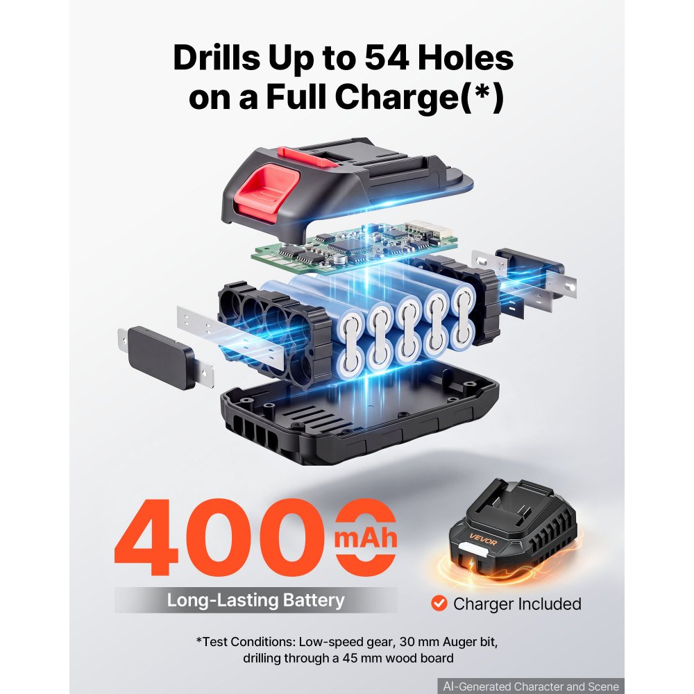 VEVOR Hammer Drill 20V 1/2 in 24000 IPM Brushless Cordless Impact Drill Kit, for Drilling Wood Metal Screw Driving, 4000 mAh Lithium-Ion Battery Pack and Charger, with All-Metal Chuck, Compact Design
