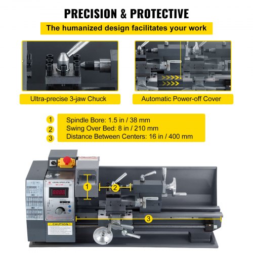 VEVOR Metal Lathe 8X16 Inches, Precision Mini Lathe Variable Speed 50-2500 RPM, MT2 Metal Work Lathe Speed Control, 750W Mini Metal Lathe Metal Milling for Turnings of Metal Wood Jade