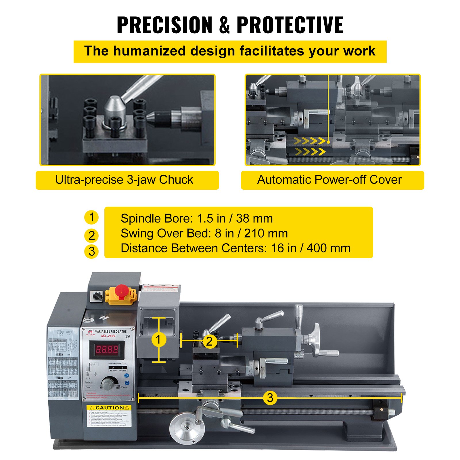 VEVOR Metal Lathe 8X16 Inches, Precision Mini Lathe Variable Speed 50-2500 RPM, MT2 Metal Work Lathe Speed Control, 750W Mini Metal Lathe Metal Milling for Turnings of Metal Wood Jade