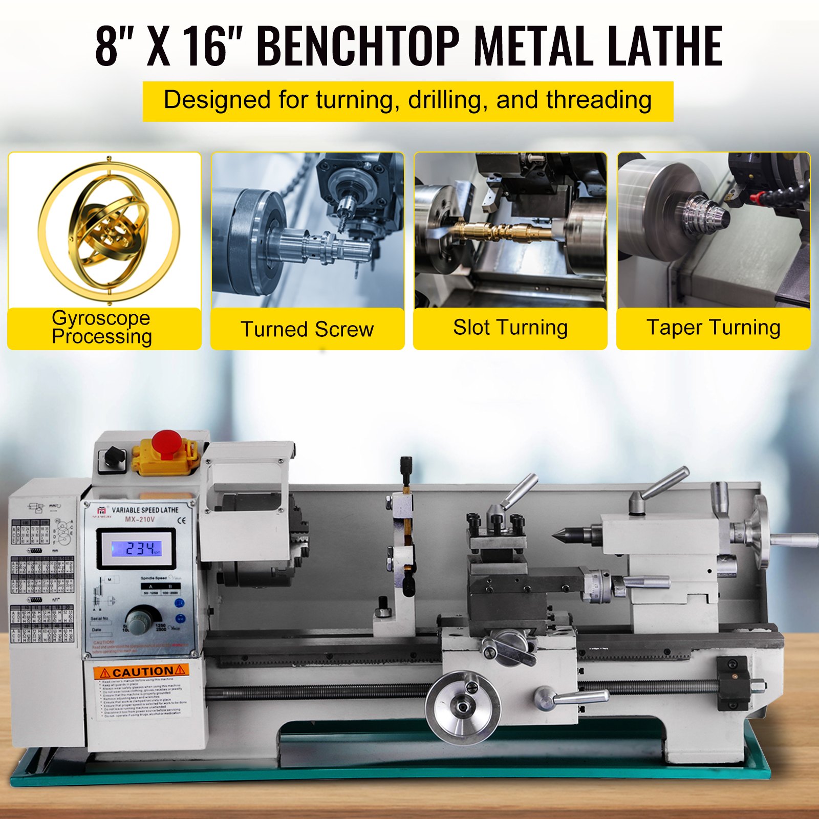 Torno de metal VEVOR 8x16", Mini torno de metal de precisión de motor sin escobillas sin mantenimiento, máquina de torno de velocidad de husillo variable 50-2500 RPM 750 W, para varios tipos de torneado de metal