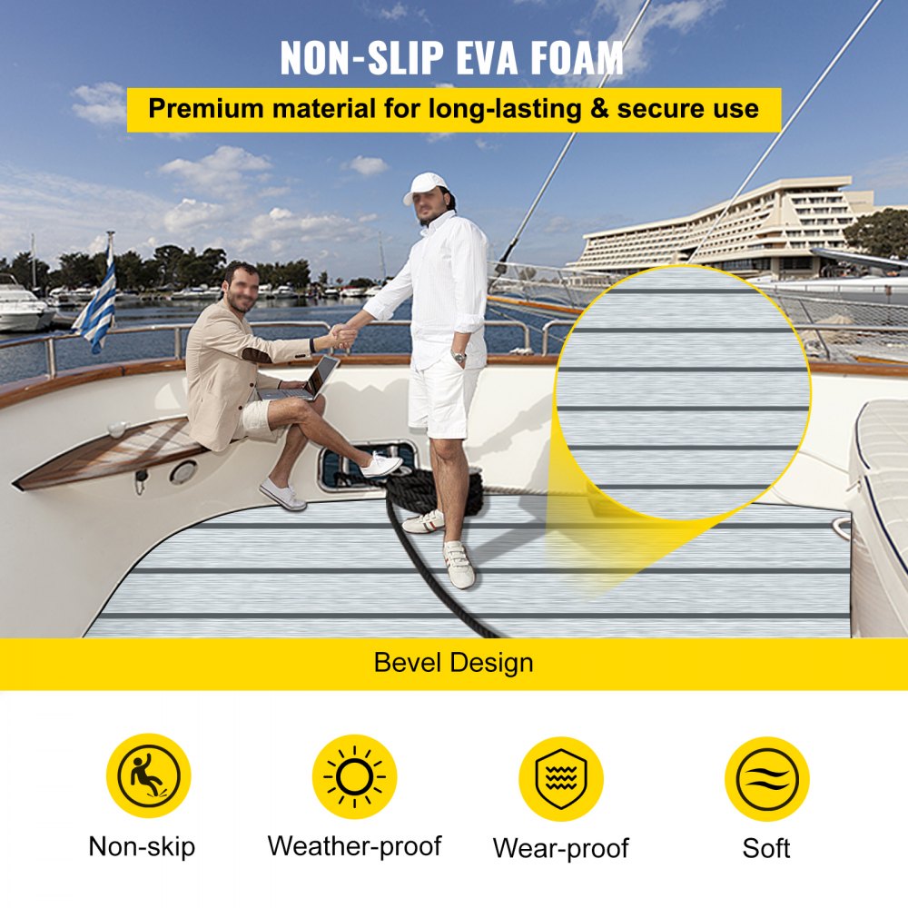 VEVOR Boat Decking Sheet 94.5 X 35.4 Inch 6MM Thick Non-Skid EVA Foam Faux Teak Decking Self-Adhesive Marine Yacht RV Swimming Pool Garden Boat Flooring Sheet (Grey with Black Seam, 94.5" x 35.4")