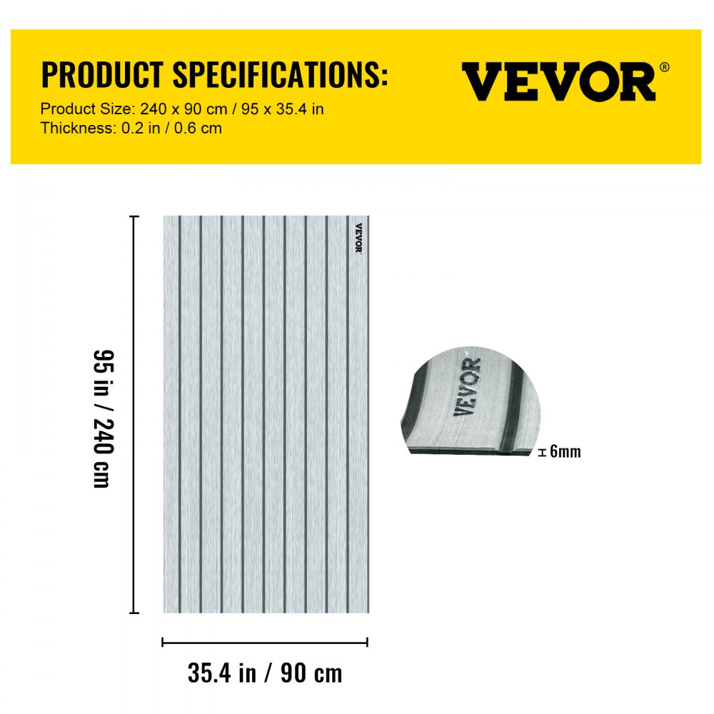 VEVOR Boat Decking Sheet 94.5 X 35.4 Inch 6MM Thick Non-Skid EVA Foam Faux Teak Decking Self-Adhesive Marine Yacht RV Swimming Pool Garden Boat Flooring Sheet (Grey with Black Seam, 94.5" x 35.4")