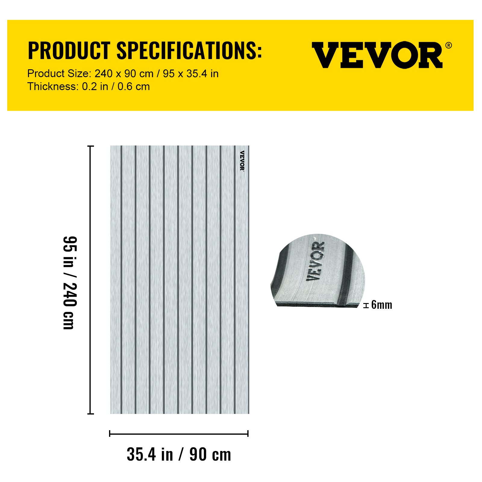VEVOR Boat Decking Sheet 94.5 X 35.4 Inch 6MM Thick Non-Skid EVA Foam Faux Teak Decking Self-Adhesive Marine Yacht RV Swimming Pool Garden Boat Flooring Sheet (Grey with Black Seam, 94.5" x 35.4")