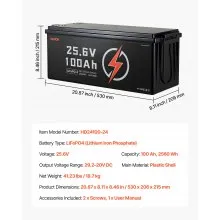 VEVOR 24V 100Ah LiFePO4 Lithium Battery Rechargeable Battery 50A BMS 4000+ Cycle