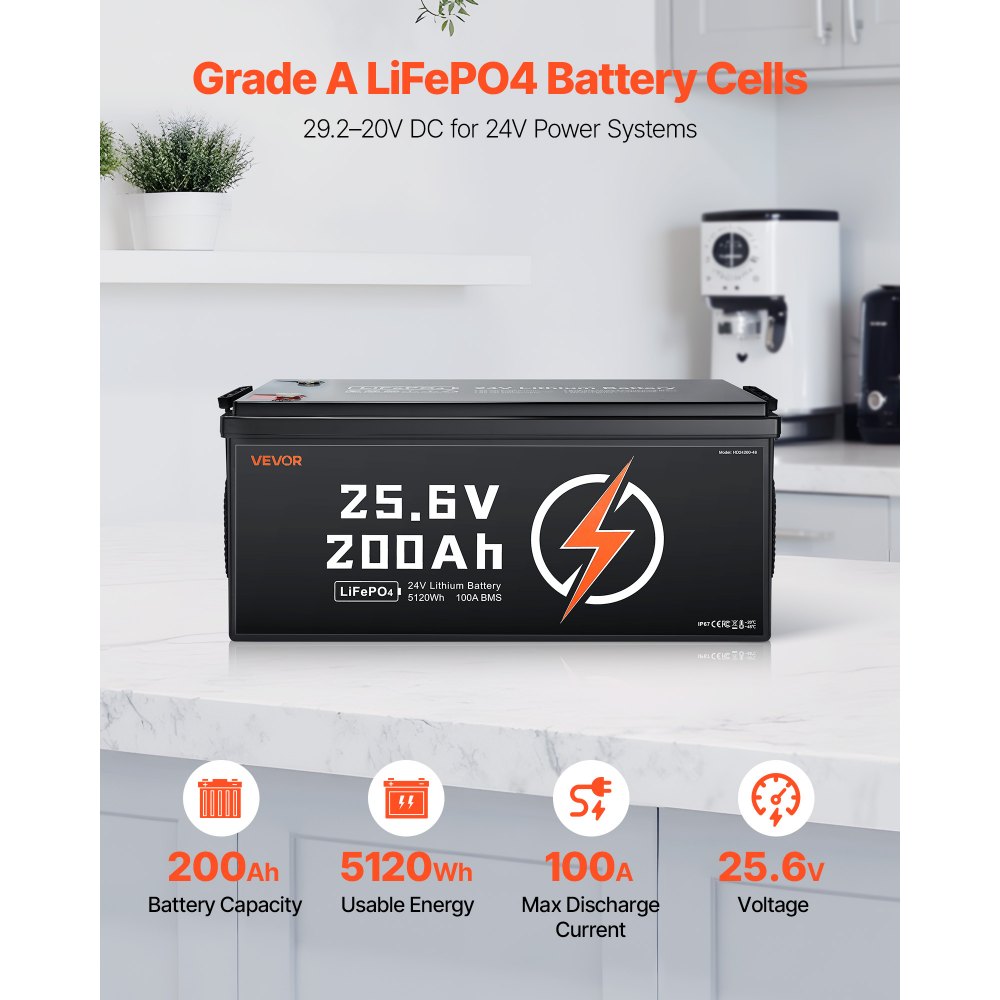 VEVOR 24V 200Ah LiFePO4 Lithium Battery, Built-in 100A BMS, Deep Cycle Lithium Rechargeable Battery with Low Temperature Protection, 4000+ Cycles, Max. 5120Wh, for RV, Camper, Trolling Motors, Marine