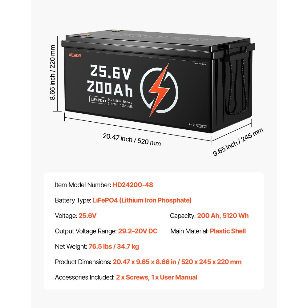 VEVOR 24V 200Ah LiFePO4 Lithium Battery, Built-in 100A BMS, Deep Cycle Lithium Rechargeable Battery with Low Temperature Protection, 4000+ Cycles, Max. 5120Wh, for RV, Camper, Trolling Motors, Marine