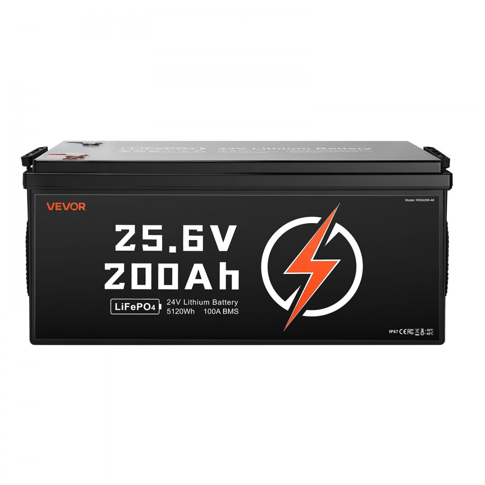VEVOR 24V 200Ah LiFePO4 Lithium Battery, Built-in 100A BMS, Deep Cycle Lithium Rechargeable Battery with Low Temperature Protection, 4000+ Cycles, Max. 5120Wh, for RV, Camper, Trolling Motors, Marine