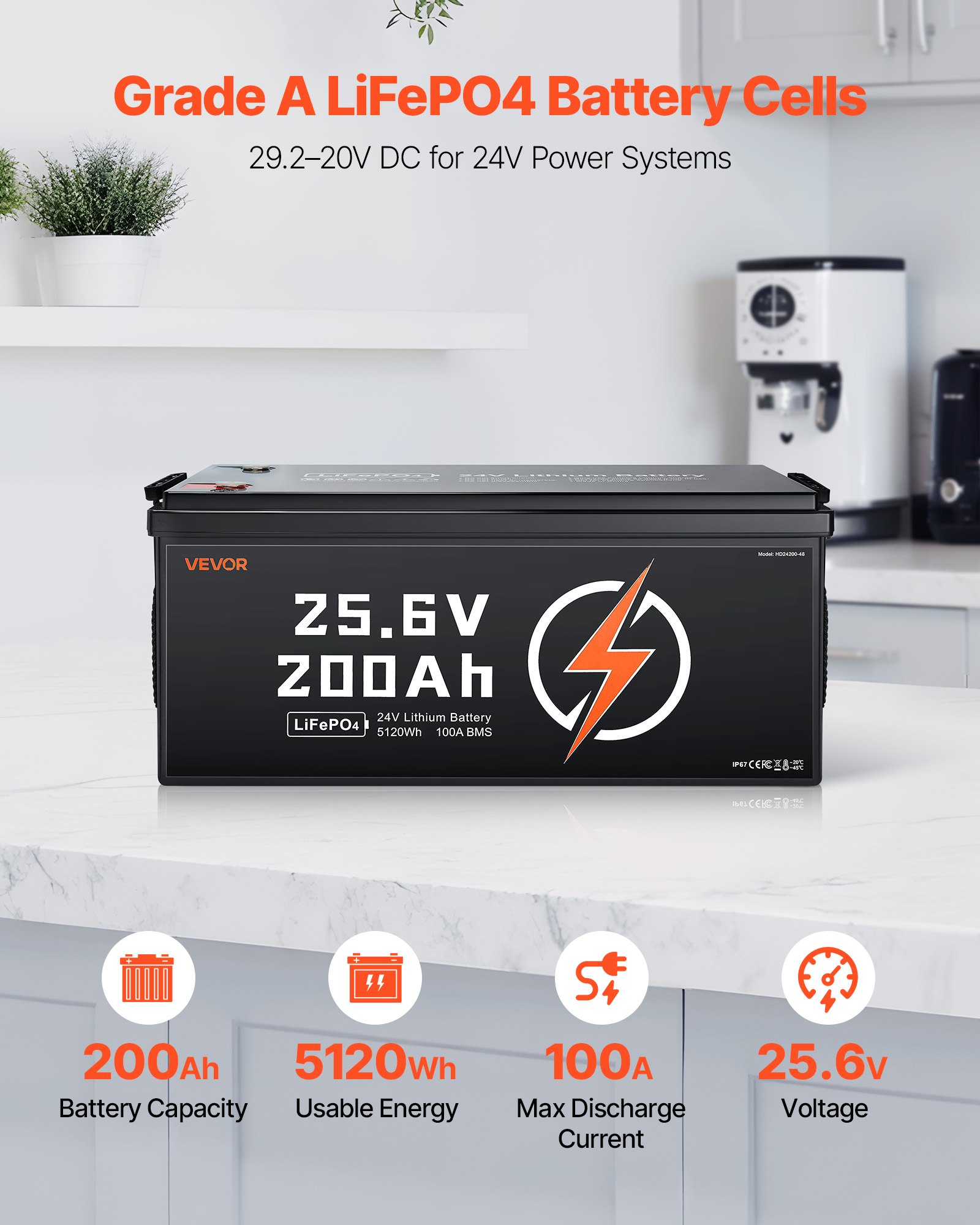 VEVOR 24V 200Ah LiFePO4 Lithium Battery, Built-in 100A BMS, Deep Cycle Lithium Rechargeable Battery with Low Temperature Protection, 4000+ Cycles, Max. 5120Wh, for RV, Camper, Trolling Motors, Marine