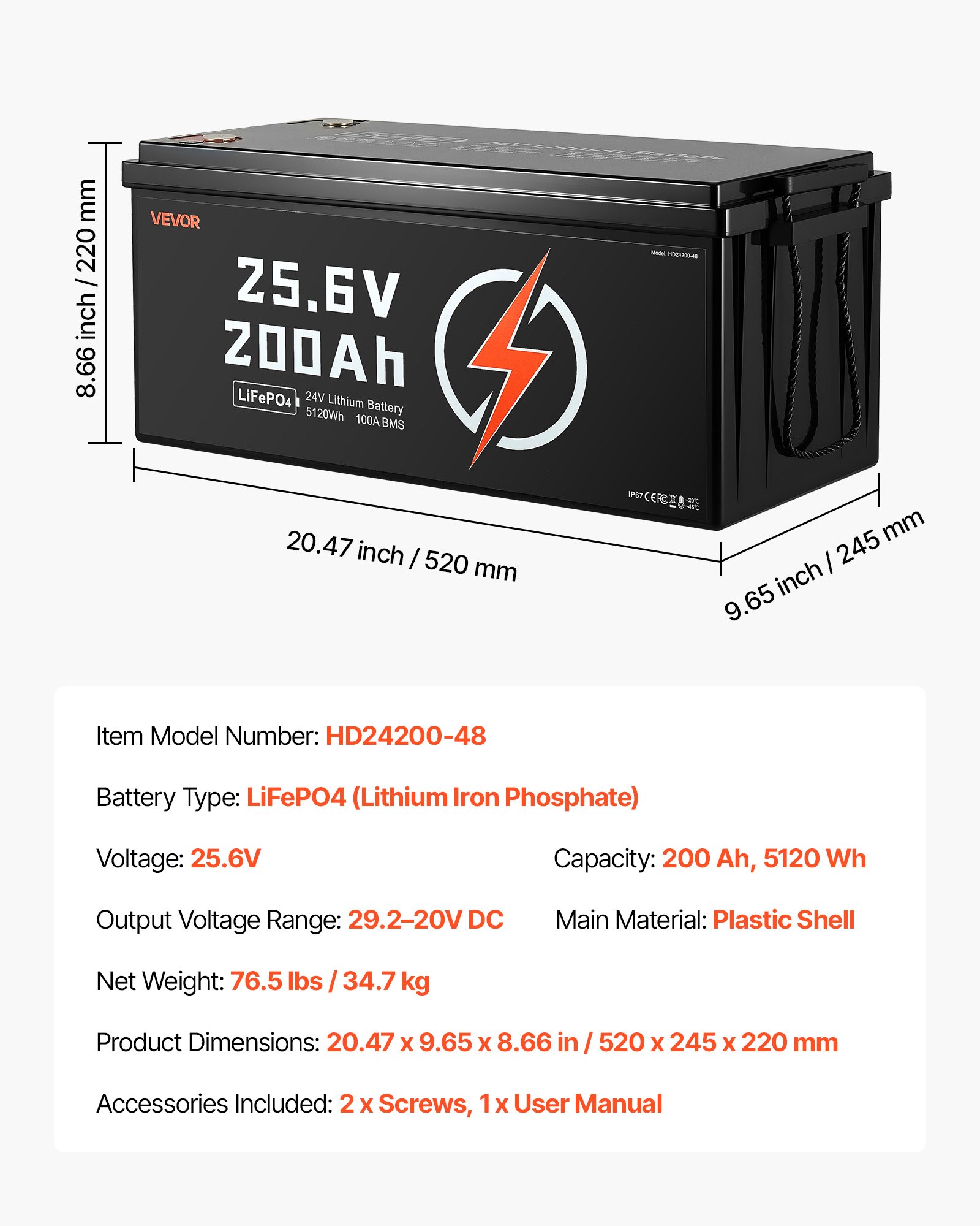 VEVOR 24V 200Ah LiFePO4 Lithium Battery, Built-in 100A BMS, Deep Cycle Lithium Rechargeable Battery with Low Temperature Protection, 4000+ Cycles, Max. 5120Wh, for RV, Camper, Trolling Motors, Marine