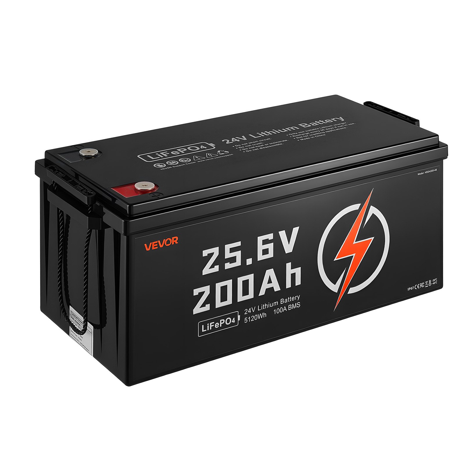 VEVOR 24V 200Ah LiFePO4 Lithium Battery, Built-in 100A BMS, Deep Cycle Lithium Rechargeable Battery with Low Temperature Protection, 4000+ Cycles, Max. 5120Wh, for RV, Camper, Trolling Motors, Marine