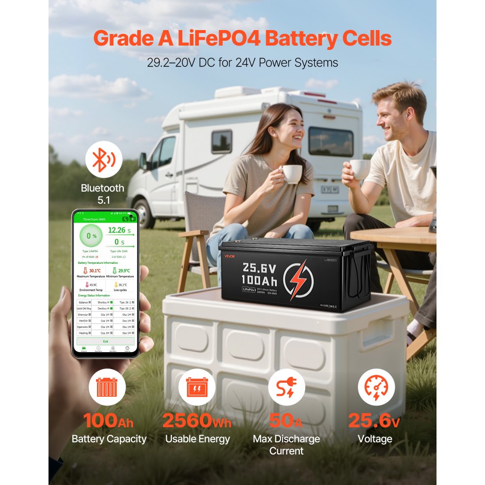 VEVOR 24V 100Ah LiFePO4 Lithium Battery, Bluetooth, Deep Cycle Lithium Rechargeable Battery, Built-in 50A BMS, Low Temp Protection, 4000+ Cycles, Max. 2560Wh, for RV, Camper, Trolling Motors, Marine