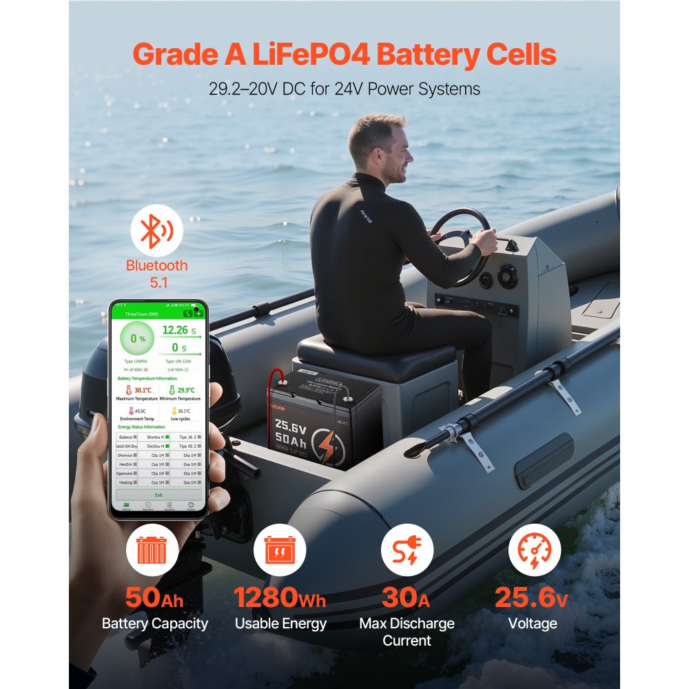 VEVOR 24V 50Ah LiFePO4 Lithium Battery, Bluetooth, Deep Cycle Lithium Rechargeable Battery, Built-in 30A BMS, Low Temp Protection, 4000+ Cycles, Max. 1280Wh, for RV, Camper, Trolling Motors, Marine