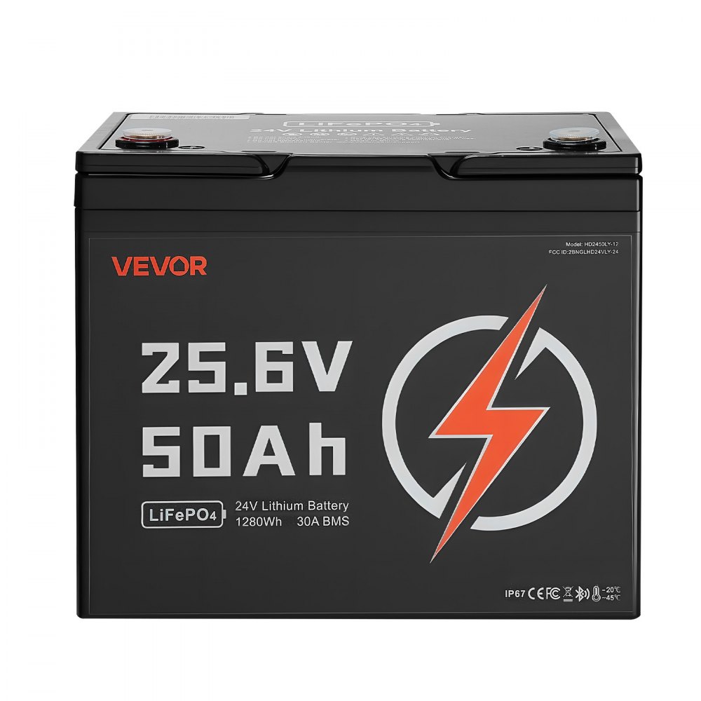 VEVOR 24V 50Ah LiFePO4 Lithium Battery, Bluetooth, Deep Cycle Lithium Rechargeable Battery, Built-in 30A BMS, Low Temp Protection, 4000+ Cycles, Max. 1280Wh, for RV, Camper, Trolling Motors, Marine