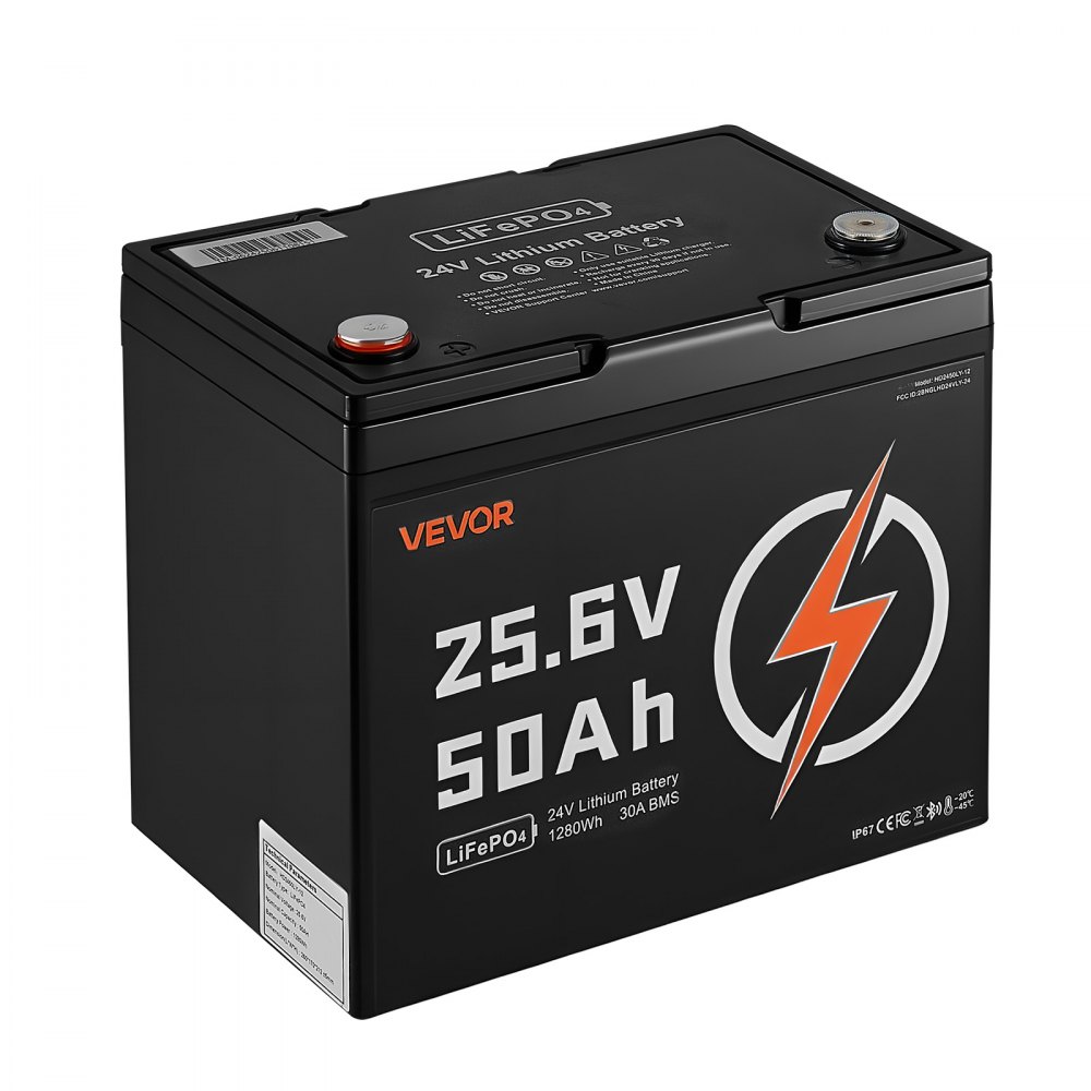 VEVOR 24V 50Ah LiFePO4 Lithium Battery, Bluetooth, Deep Cycle Lithium Rechargeable Battery, Built-in 30A BMS, Low Temp Protection, 4000+ Cycles, Max. 1280Wh, for RV, Camper, Trolling Motors, Marine