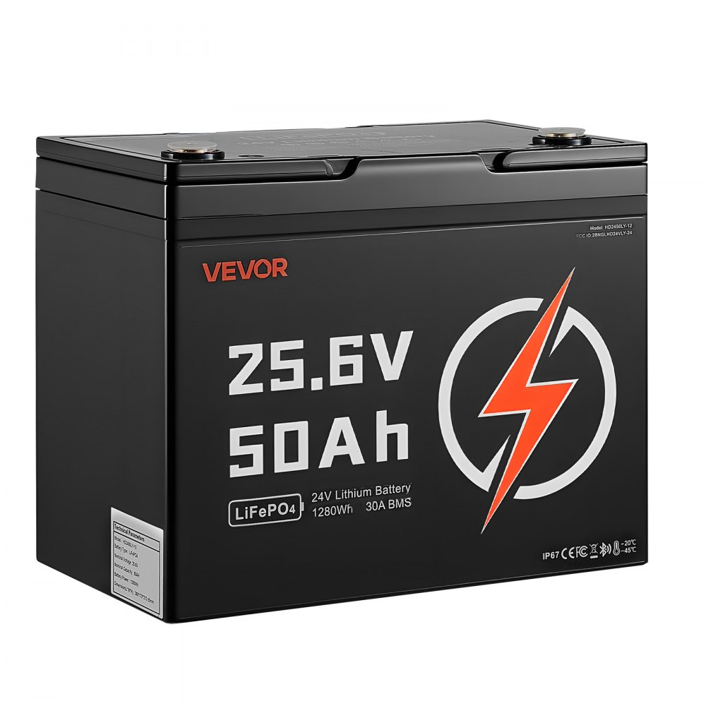 VEVOR 24V 50Ah LiFePO4 Lithium Battery, Bluetooth, Deep Cycle Lithium Rechargeable Battery, Built-in 30A BMS, Low Temp Protection, 4000+ Cycles, Max. 1280Wh, for RV, Camper, Trolling Motors, Marine