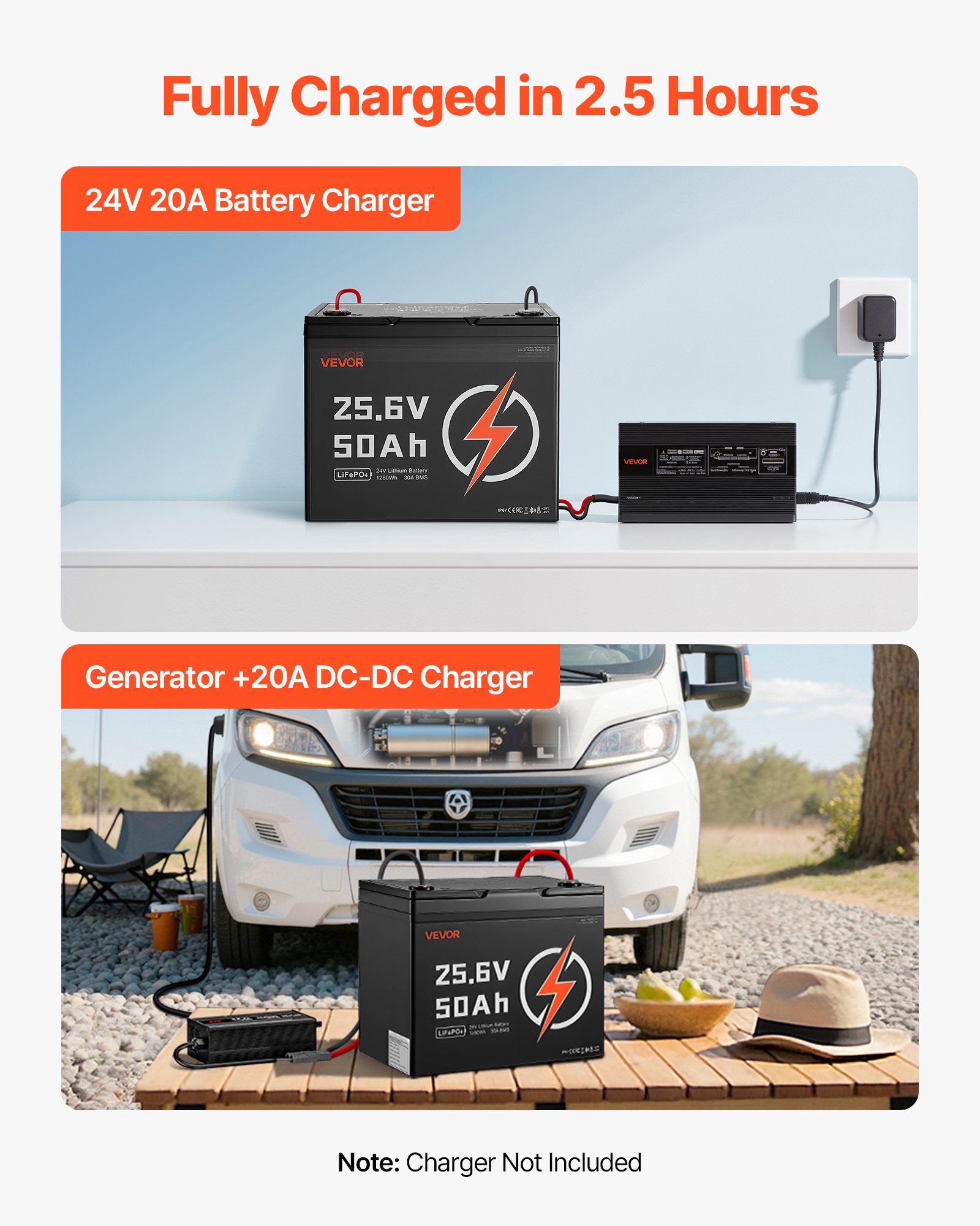 VEVOR 24V 50Ah LiFePO4 Lithium Battery, Bluetooth, Deep Cycle Lithium Rechargeable Battery, Built-in 30A BMS, Low Temp Protection, 4000+ Cycles, Max. 1280Wh, for RV, Camper, Trolling Motors, Marine