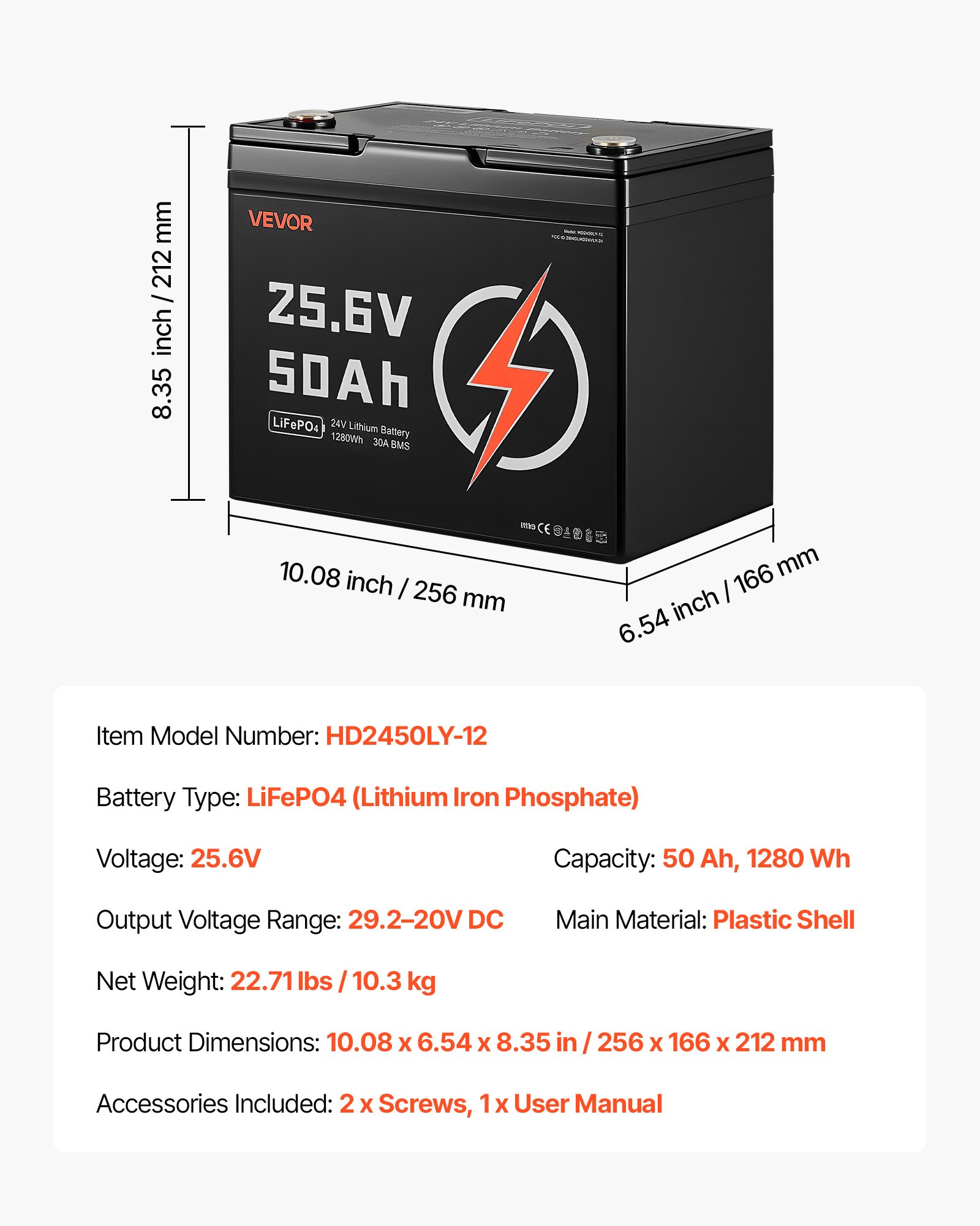 VEVOR 24V 50Ah LiFePO4 Lithium Battery, Bluetooth, Deep Cycle Lithium Rechargeable Battery, Built-in 30A BMS, Low Temp Protection, 4000+ Cycles, Max. 1280Wh, for RV, Camper, Trolling Motors, Marine