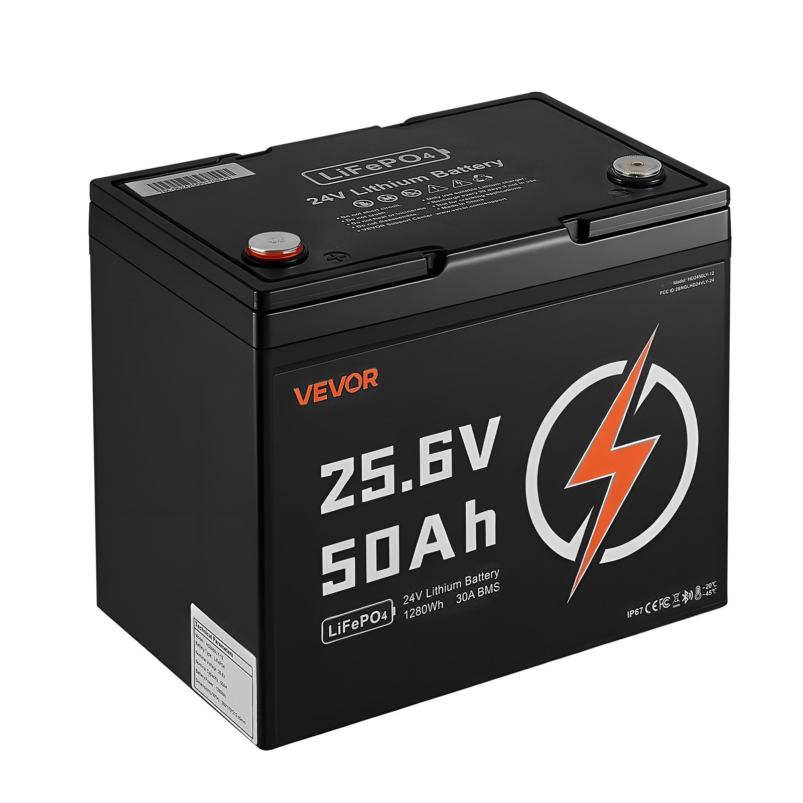 VEVOR 24V 50Ah LiFePO4 Lithium Battery, Bluetooth, Deep Cycle Lithium Rechargeable Battery, Built-in 30A BMS, Low Temp Protection, 4000+ Cycles, Max. 1280Wh, for RV, Camper, Trolling Motors, Marine