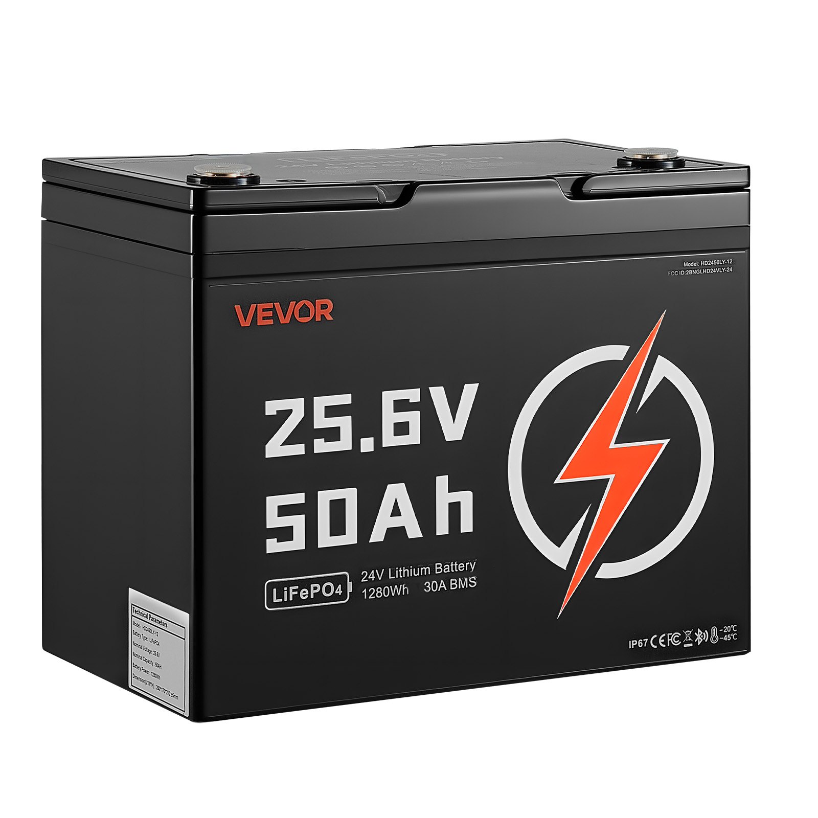 VEVOR 24V 50Ah LiFePO4 Lithium Battery, Bluetooth, Deep Cycle Lithium Rechargeable Battery, Built-in 30A BMS, Low Temp Protection, 4000+ Cycles, Max. 1280Wh, for RV, Camper, Trolling Motors, Marine