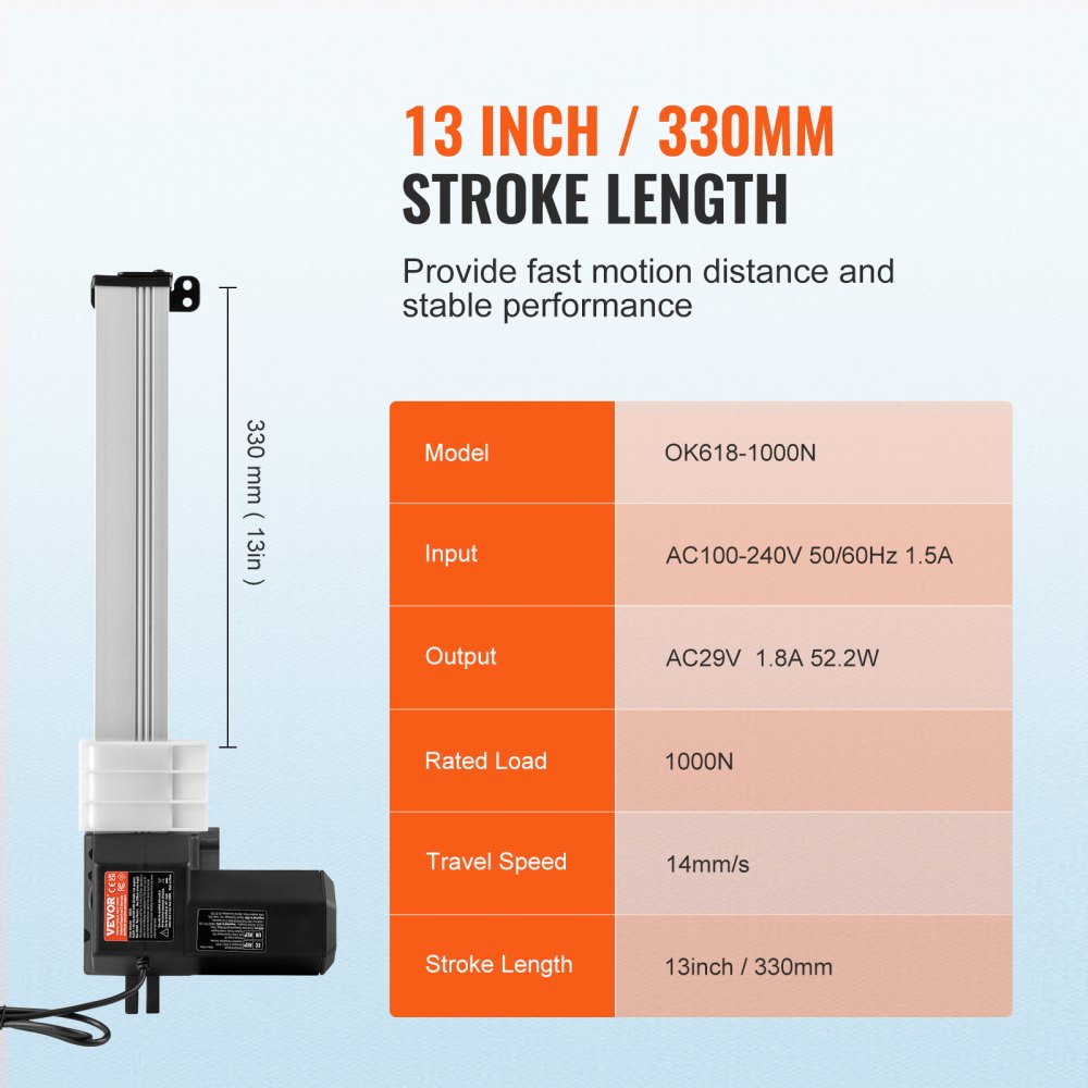 VEVOR 24V Linear Actuator Kit 33 cm 1.4 cm/s 99.8 kg/1000N with IP44 Protection
