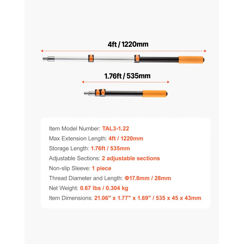 VEVOR Telescopic Extension Pole, 1.76-4 FT Multi-Purpose Extendable Pole, Sturdy Aluminum Alloy Paint Pole Extension with Flip-Lock Design, High Reach Roller Stick for Painting, Dusting and Cleaning
