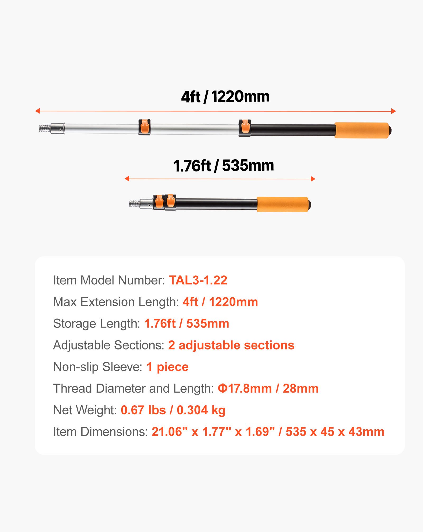 VEVOR Telescopic Extension Pole, 1.76-4 FT Multi-Purpose Extendable Pole, Sturdy Aluminum Alloy Paint Pole Extension with Flip-Lock Design, High Reach Roller Stick for Painting, Dusting and Cleaning