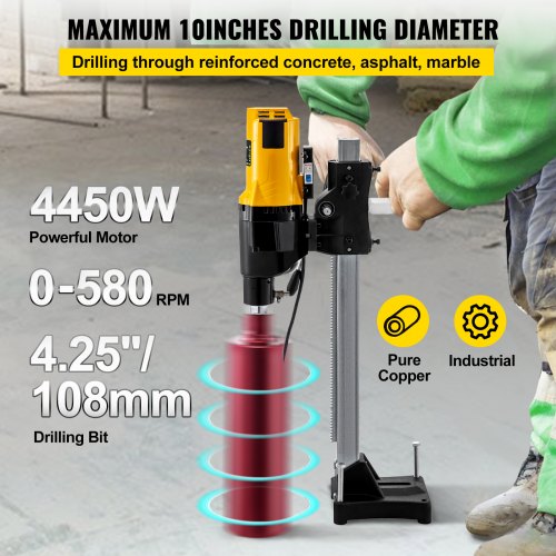 VEVOR 255mm Diamond Core Drill Concrete Drill Machine 4450W Wet & Vacuum core Drilling Rig Stand & Drilling bits