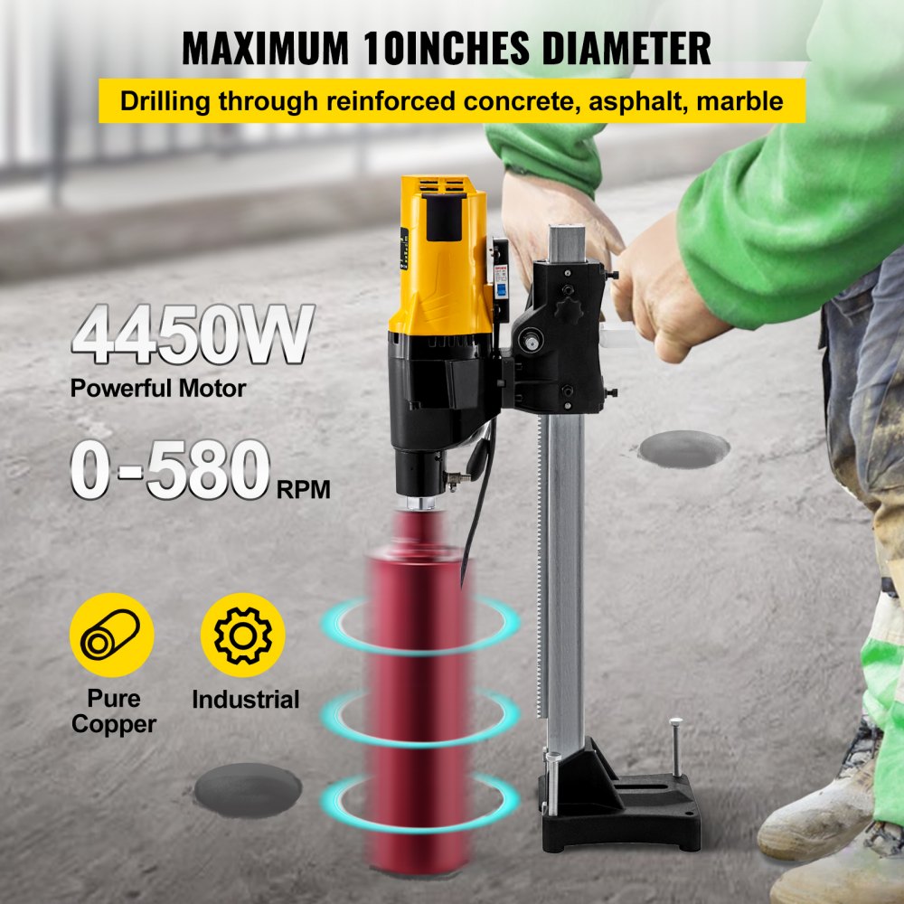 VEVOR Diamond Core Drilling Rig 4450 W 230V / 50HZ Reinforced Concrete Core Drill 0-580rpm Professional Industrial Drill Max Drill 255mm, for Drilling Reinforced Concrete, Red Brick and Marble