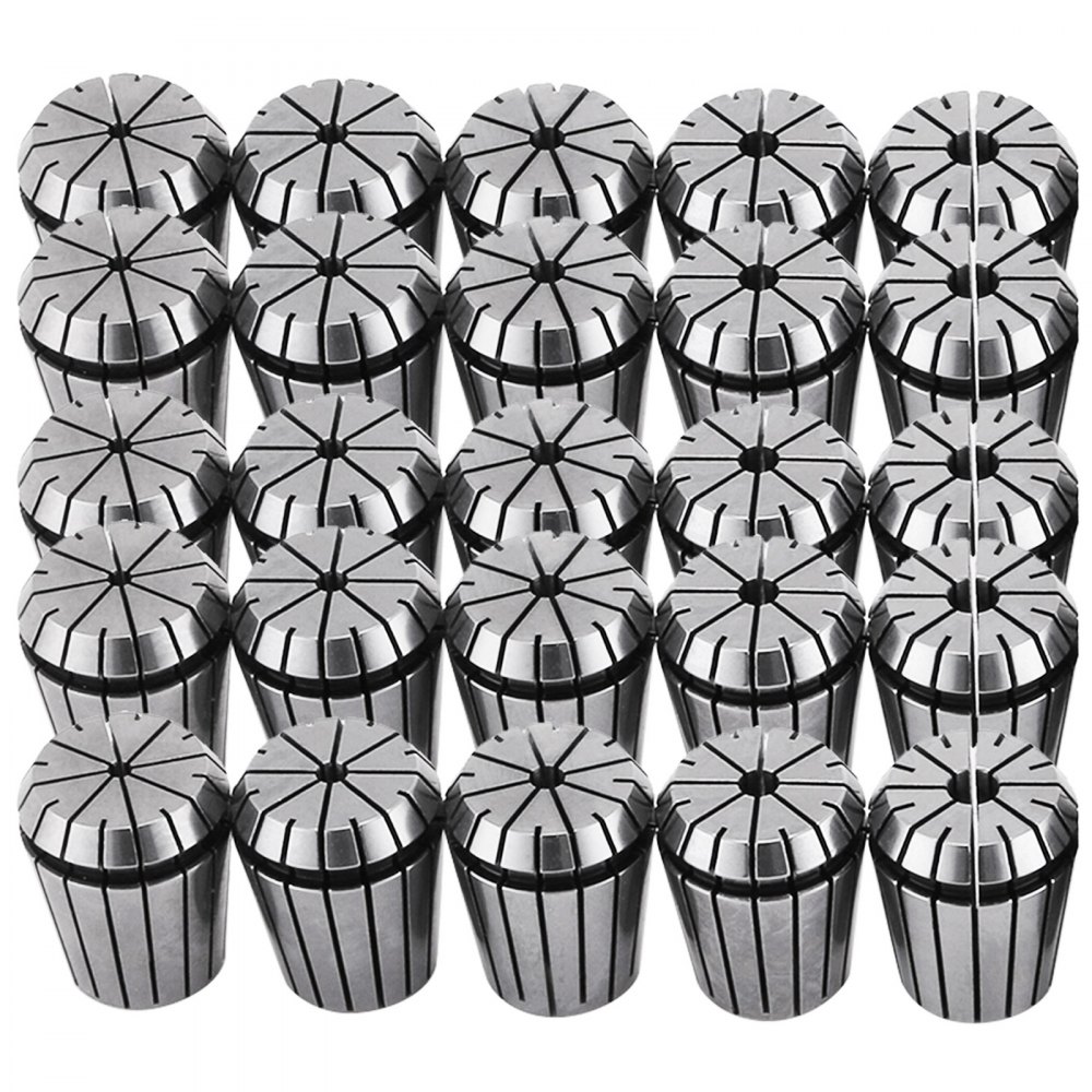 VEVOR er32 collet set arranged in rows facing upward, showcasing 25 silver collets.