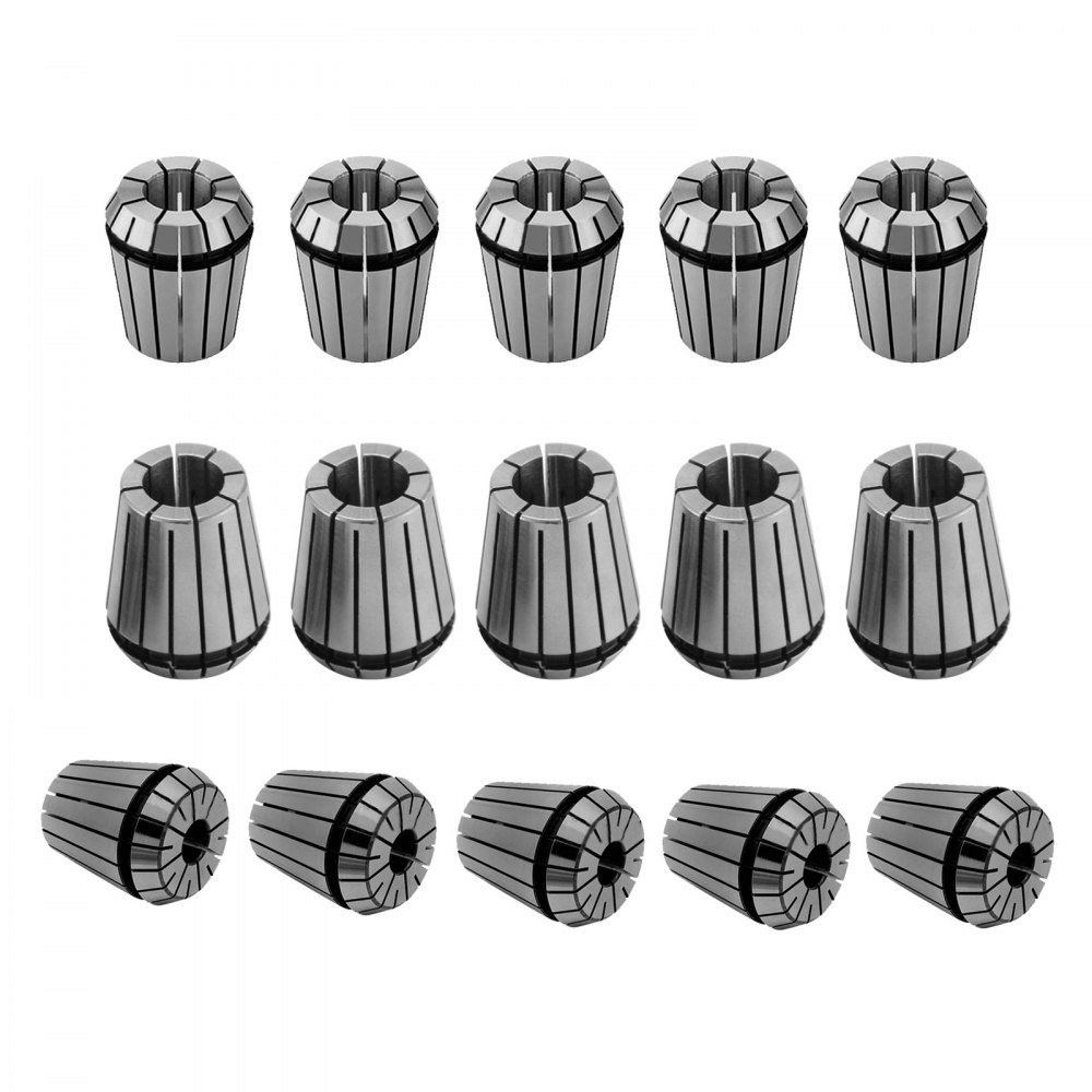 VEVOR er32 collet set, 15 gleaming metallic pieces arranged in three neat rows