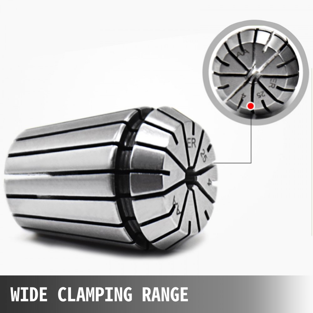 VEVOR er32 collet set highlighting its wide clamping range with a detailed close-up.