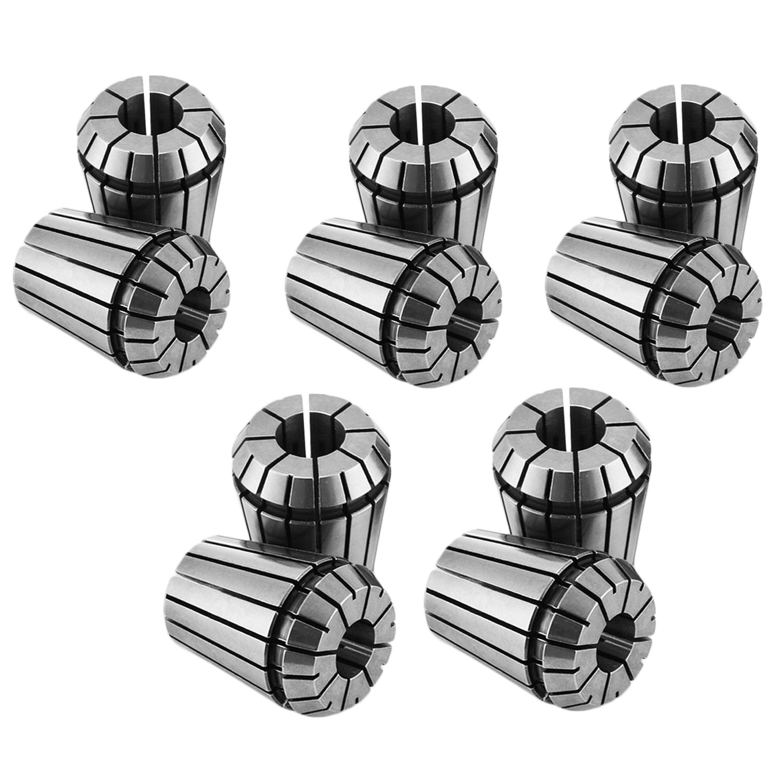 six precision-engineered VEVOR er32 collets, arranged in pairs.