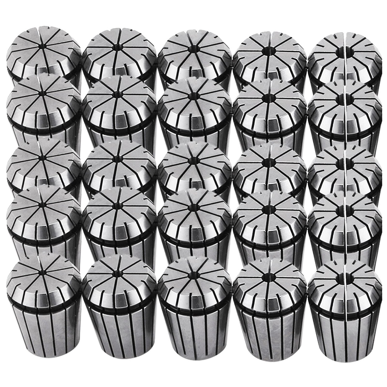 VEVOR er32 collet set arranged in rows facing upward, showcasing 25 silver collets.