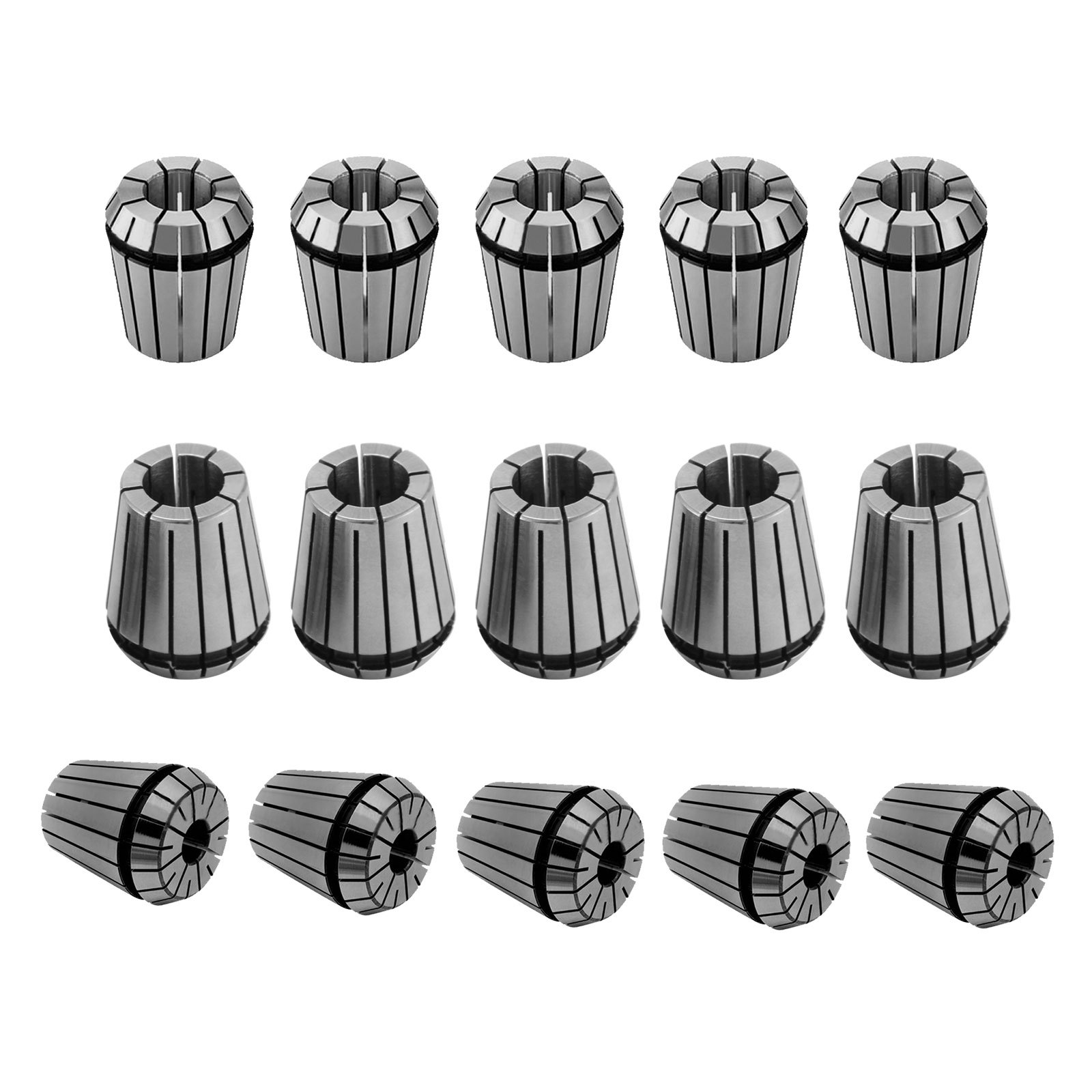 VEVOR er32 collet set, 15 gleaming metallic pieces arranged in three neat rows