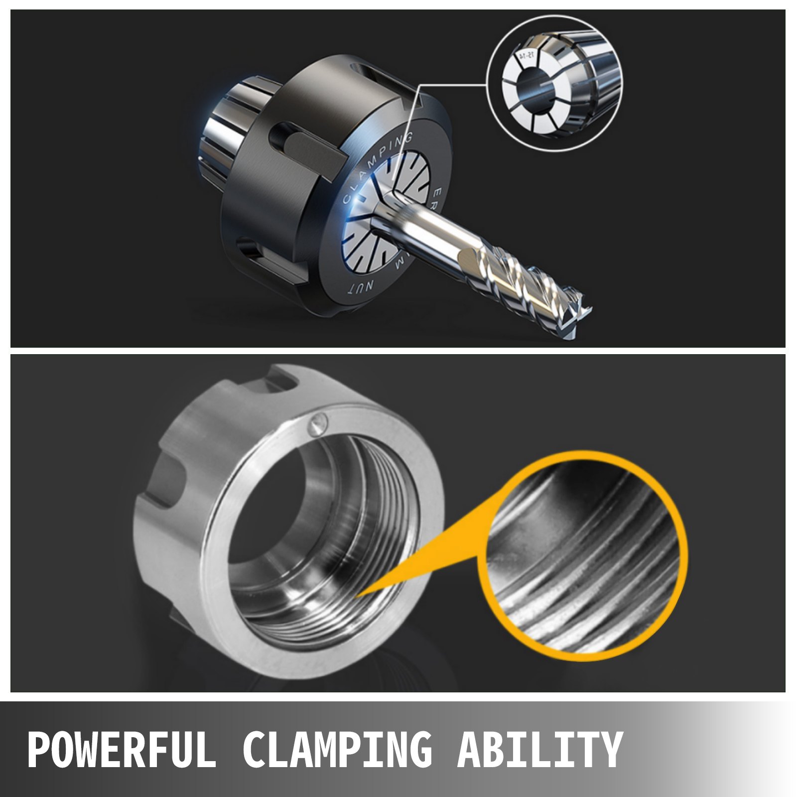 VEVOR er32 collet set showcasing powerful clamping ability with detailed close-up.