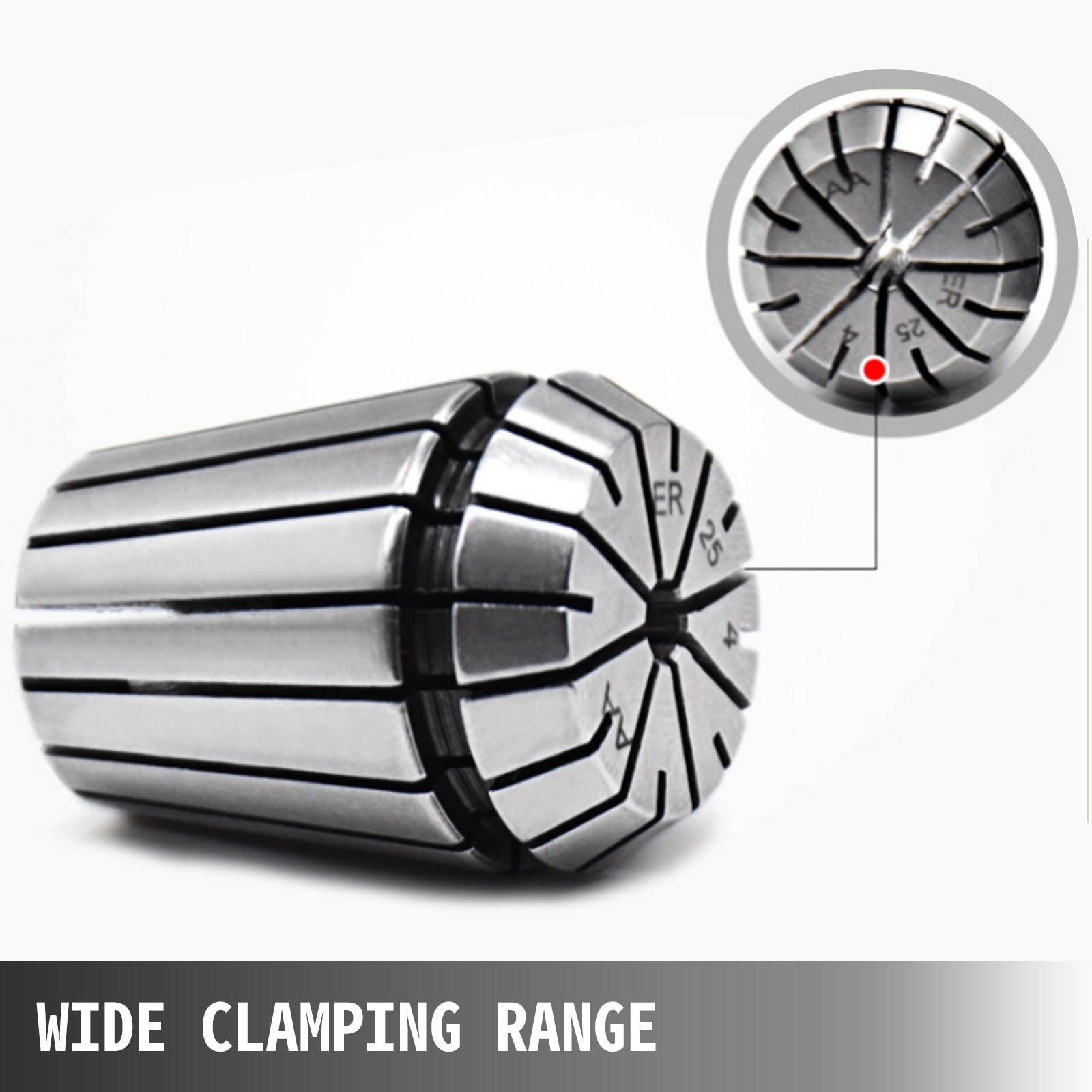VEVOR er32 collet set highlighting its wide clamping range with a detailed close-up.