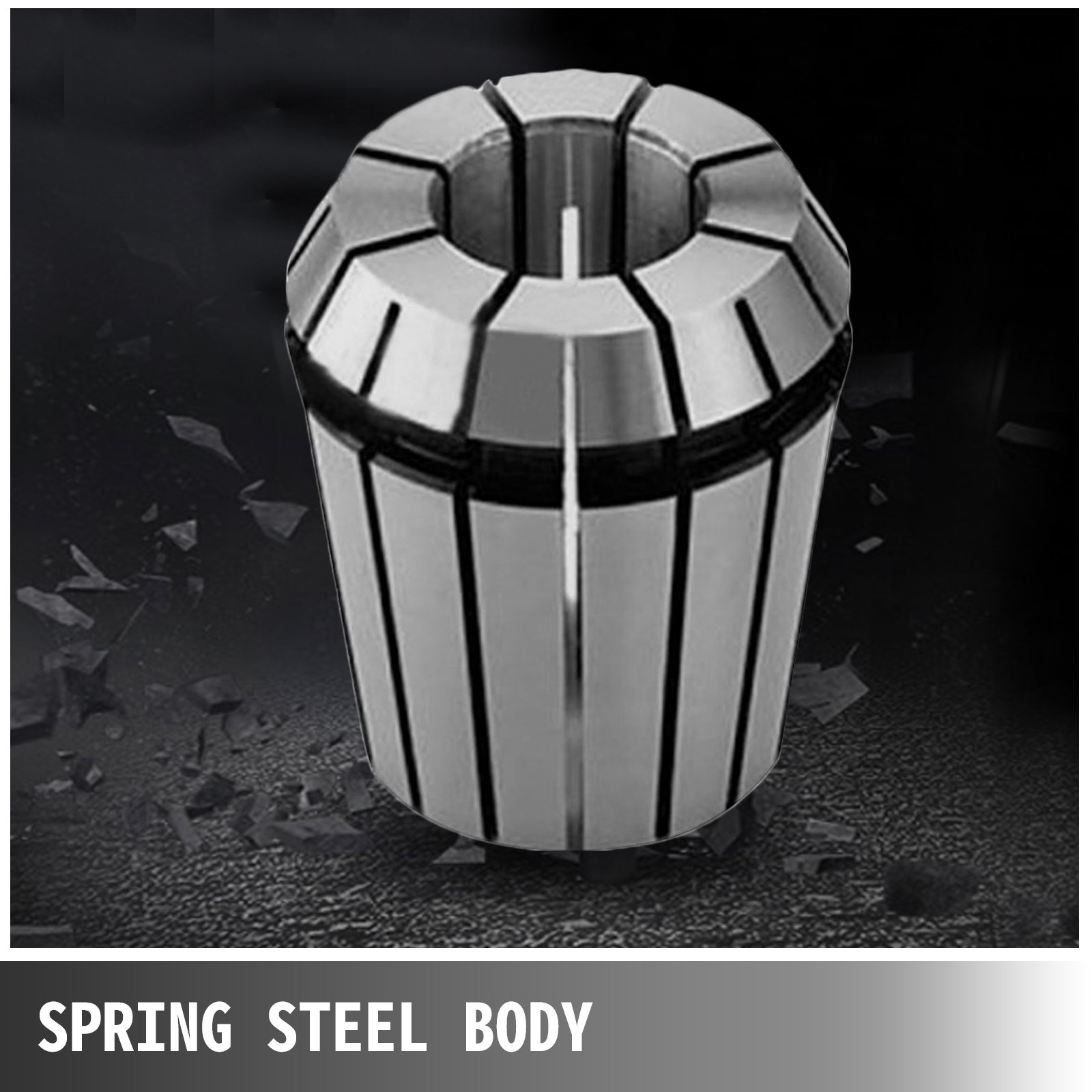 VEVOR er32 collet set with spring steel body on dark background.