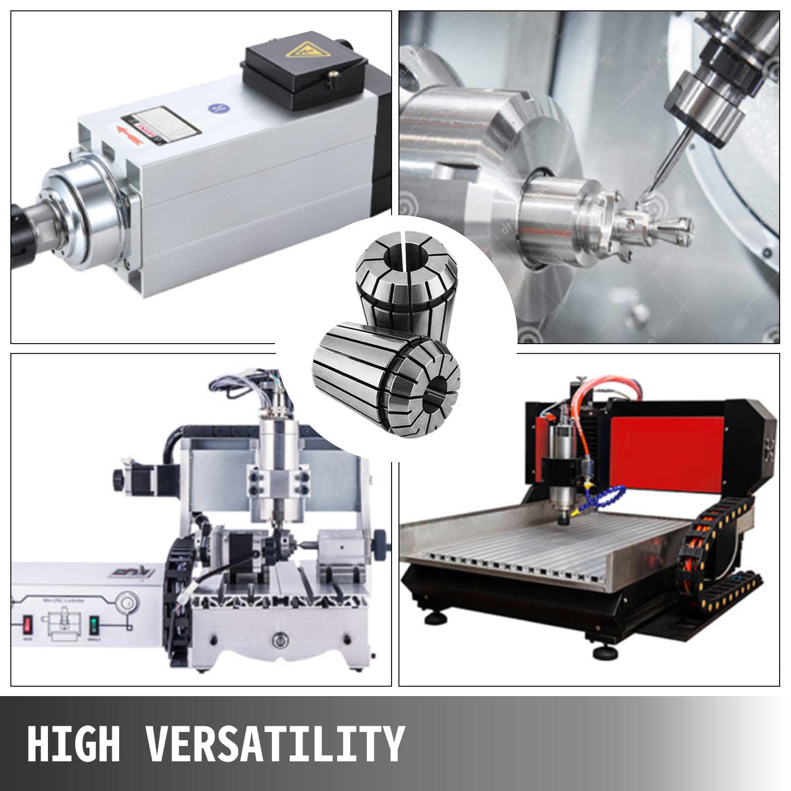 VEVOR er32 collet set with cnc machine applications and spindle motors. high versatility.