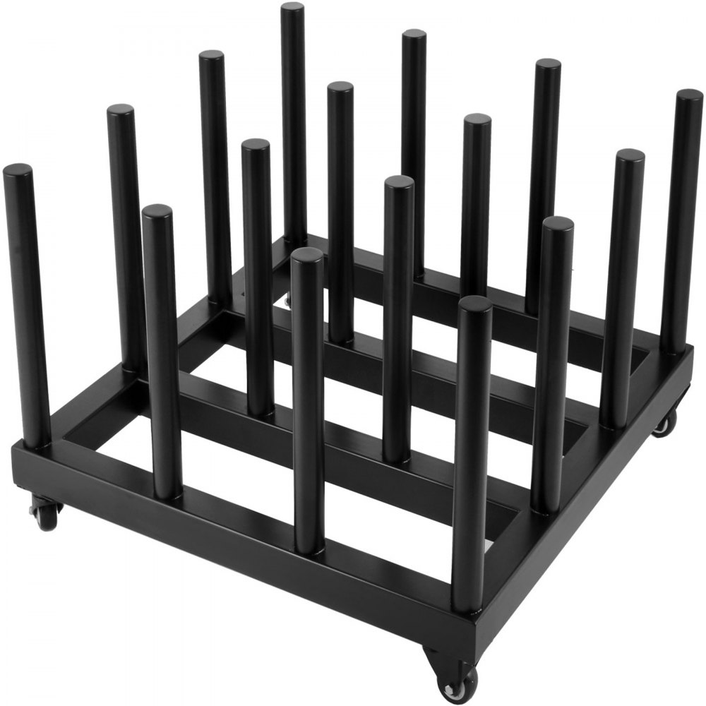 VEVOR vinyl roll rack in black with multiple vertical rods and four caster wheels.