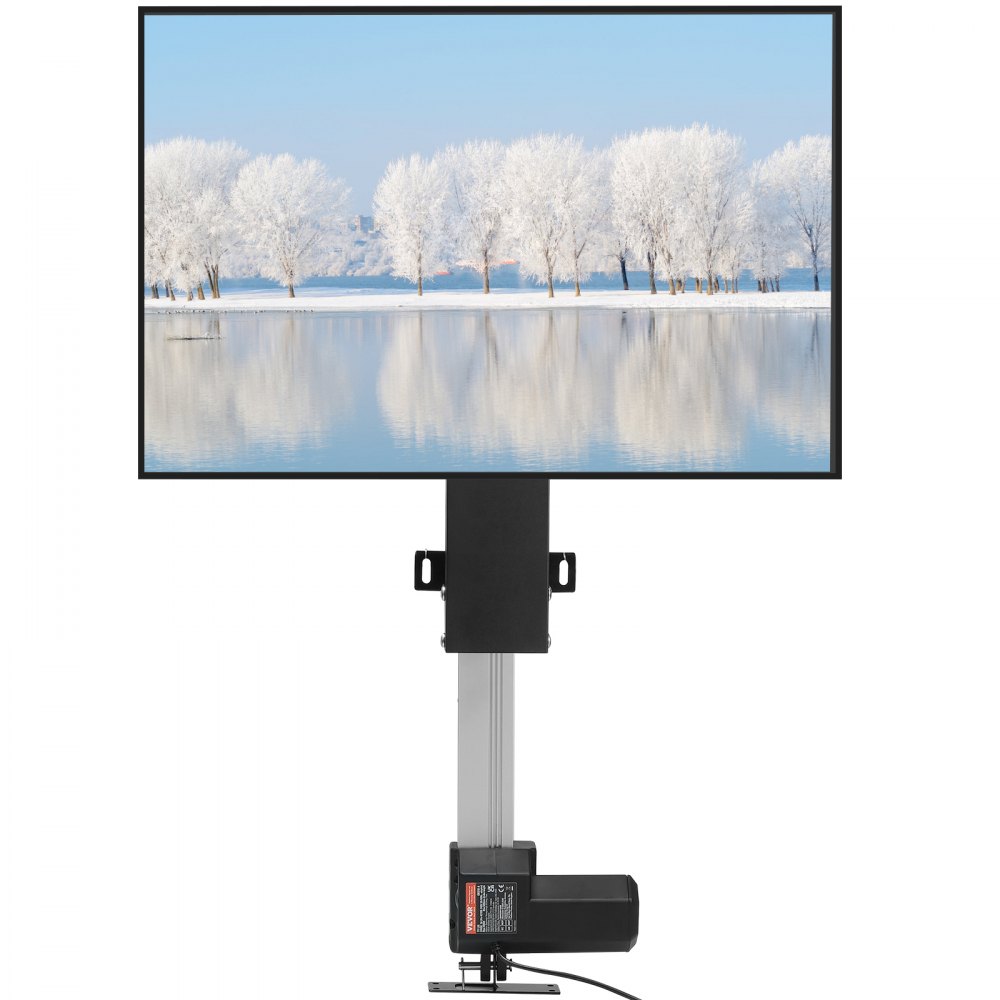 VEVOR motorized tv lift with a screen displaying a snowy landscape with trees and a lake.