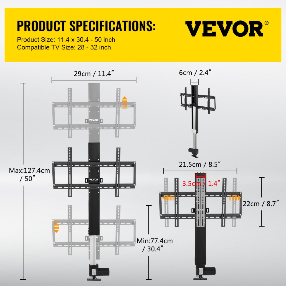 VEVOR Motorized TV Lift Stroke Length 20 Inches Motorized TV Mount Fit for 28-32" TV Lift with Remote Control Height Adjustable Load Capacity 132 Lbs Wireless Remote Control