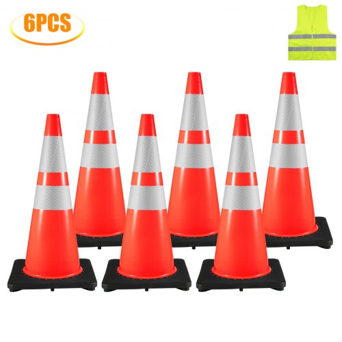 VEVOR 6Pack 28" Conos de tráfico, Conos de estacionamiento de seguridad en carretera con base negra ponderada, Conos de seguridad de tráfico naranja de PVC, Conos de peligro Collares reflectantes para estacionamiento de tráfico de construcción