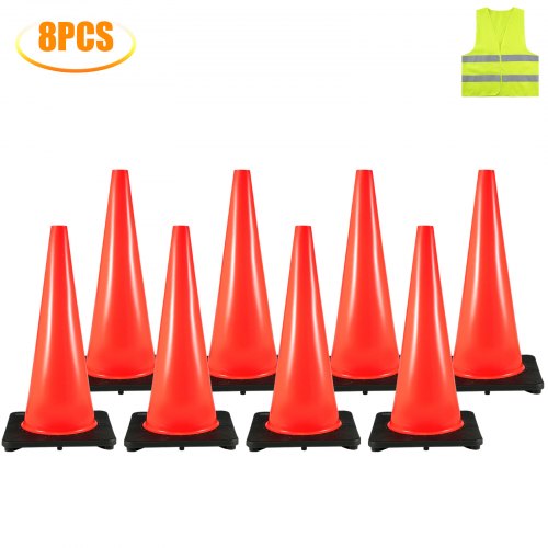 VEVOR 8PCS Traffic Cones, 28" Safety Road Parking Cones, Hazard Construction Cones with Black Weighted Base, PVC Orange Traffic Safety Cone for Traffic Home Parking