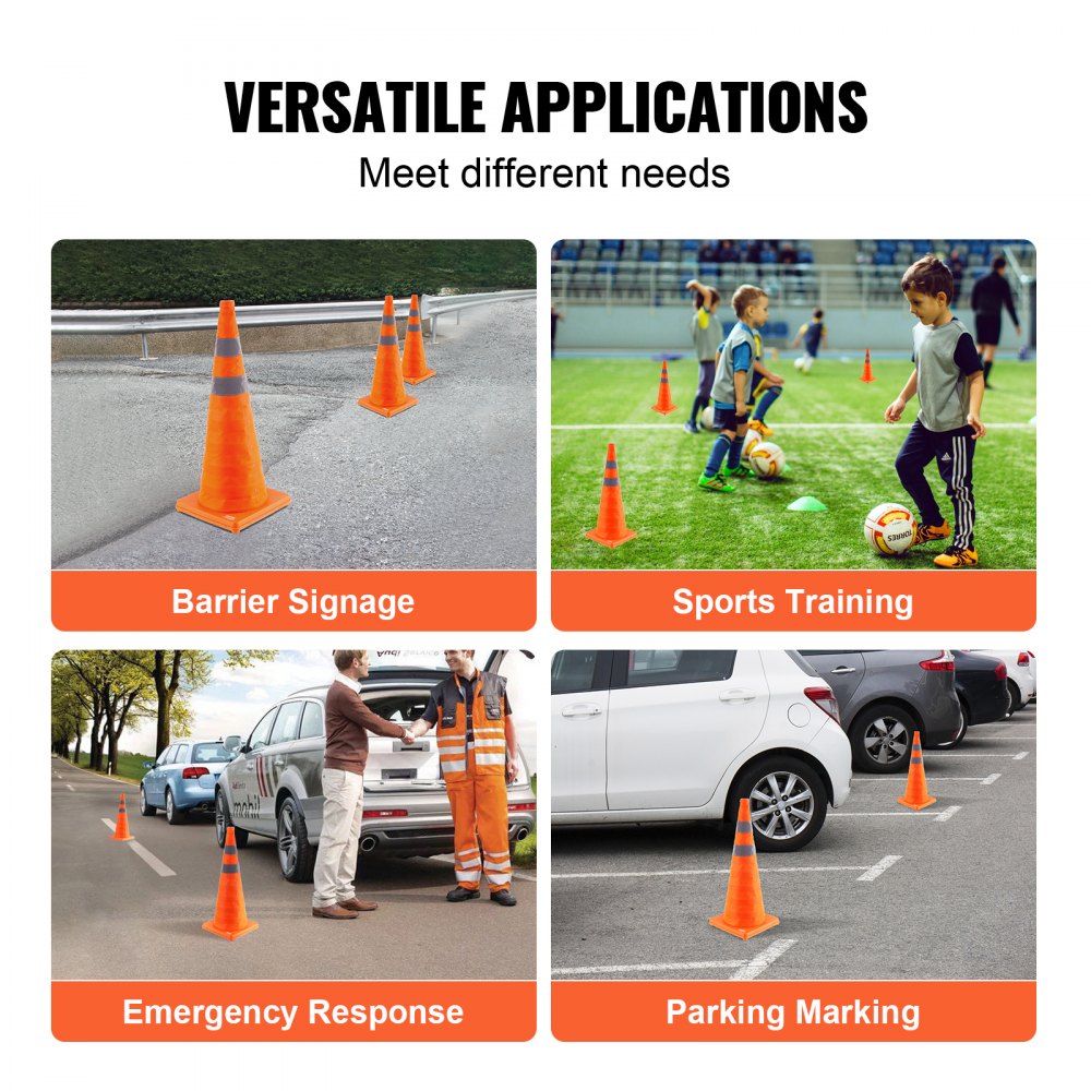 VEVOR safety cones used for barrier signage, sports training, emergency response, and parking marking.