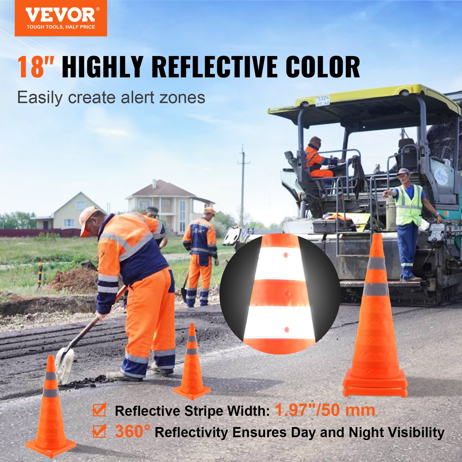 VEVOR safety cones enhance visibility and create alert zones for road workers with highly reflective 18&quot; cones.