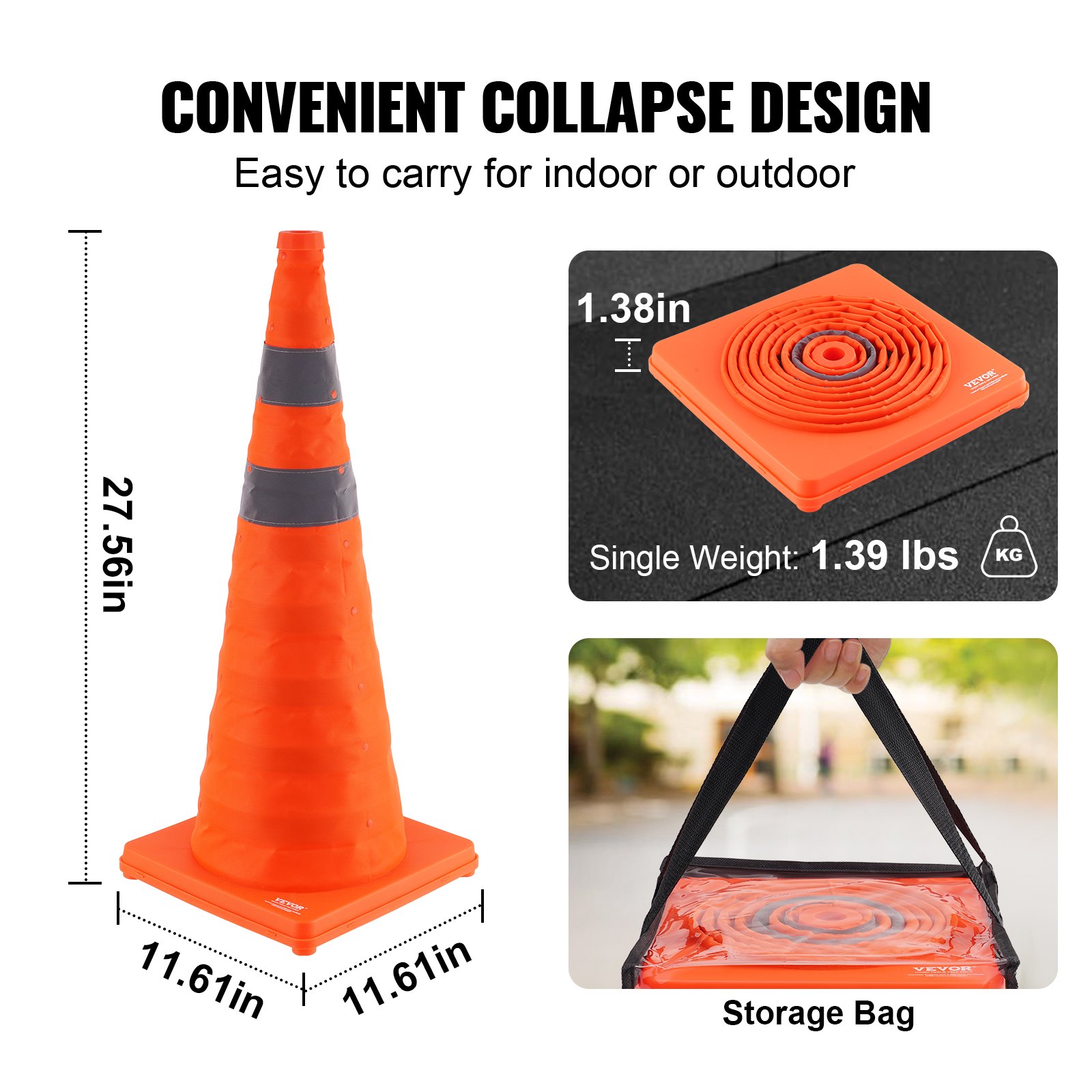 VEVOR safety cones with convenient collapse design for easy indoor or outdoor carrying.