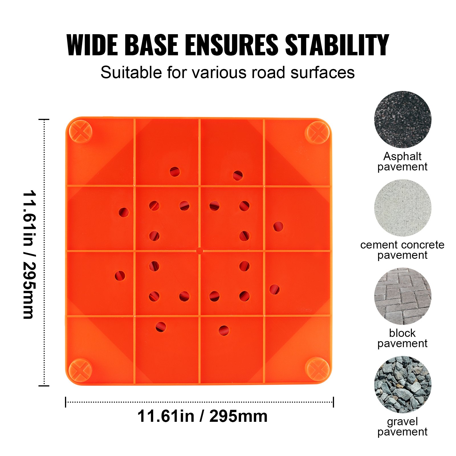 wide base VEVOR safety cones suitable for various road surfaces: asphalt, concrete, block, gravel.