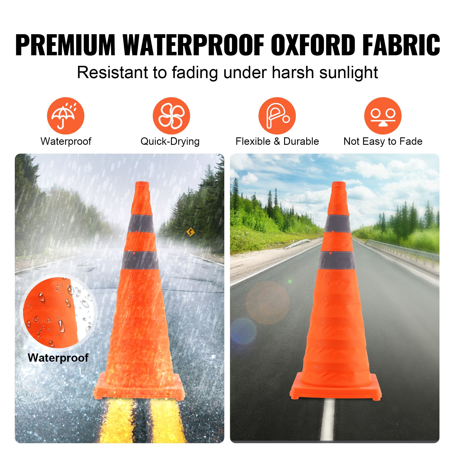 VEVOR safety cones in rain and sun, highlighting waterproof, quick-drying, flexible, and durable features.